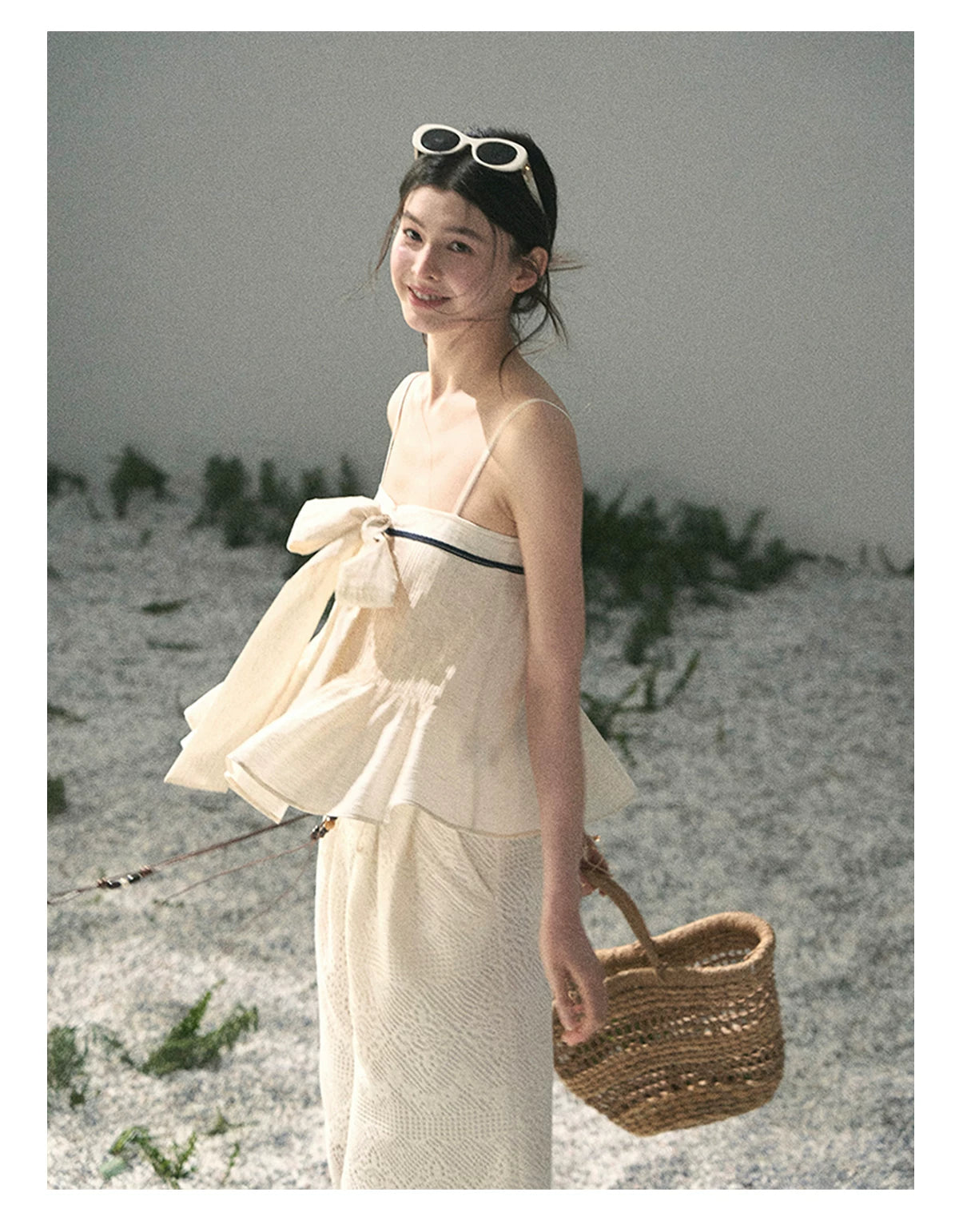 “Breeze Over Pleats” Cream Ribbon Camisole Top