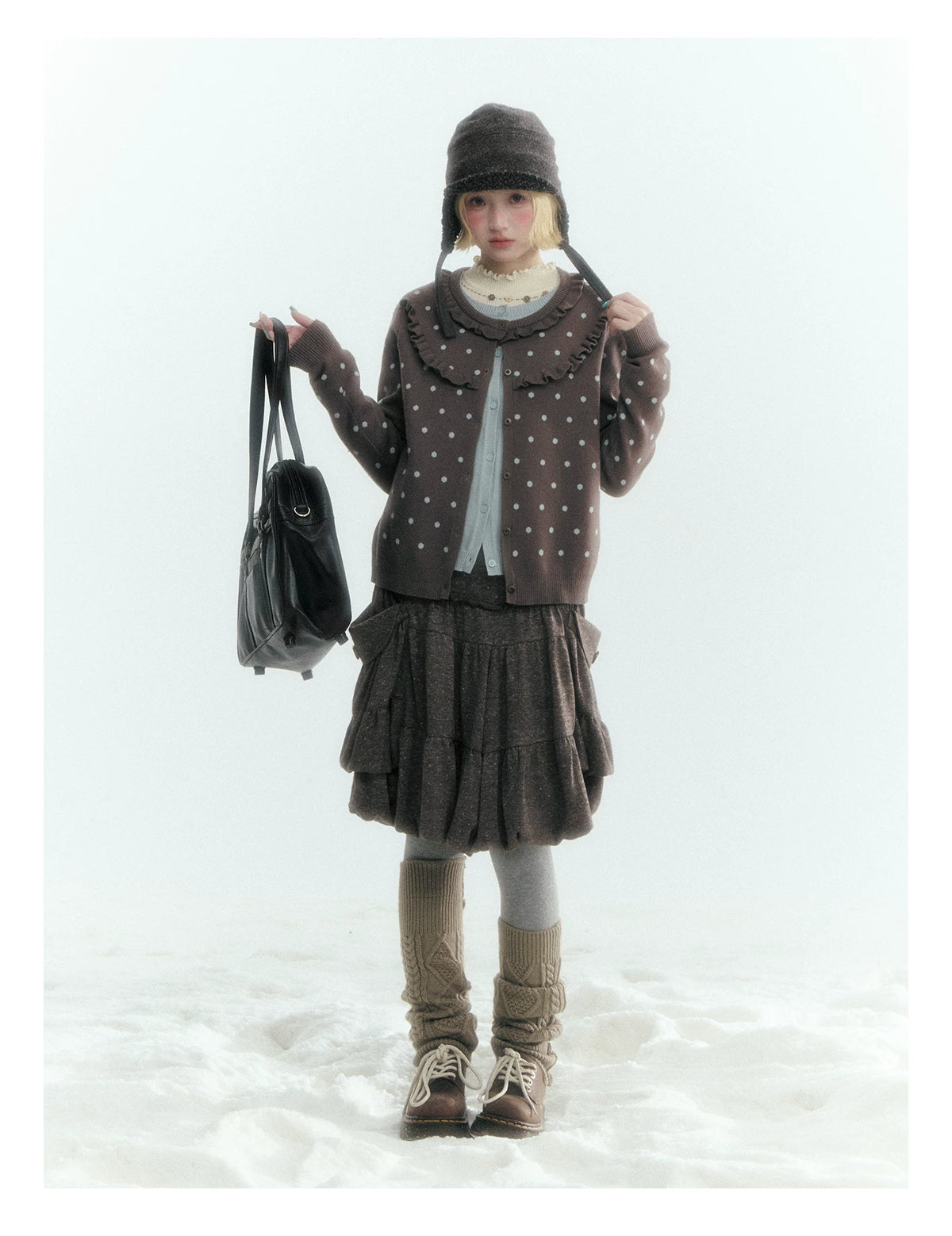 Horridale - Gray Brown Green Polka Dot Low-Rise Knit Bubble Skort