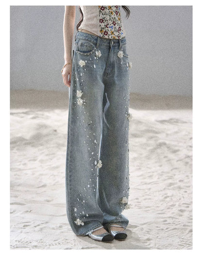 "Starlit Grace" Mist Blue Handmade Floral Wide-Leg Jeans
