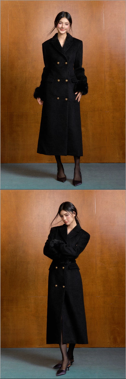 "Manor Elegance" Detachable Faux Fur Wool Coat & Knit Scarf Set