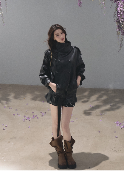 OAKMOO/ Belted Double-Breasted Trench Jacket (Deep Black / Hazel Khaki)