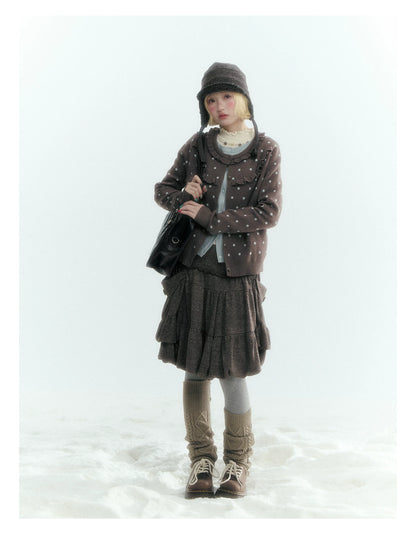 Dark Taupe Brown Polka Dot Layered Knit Sweater