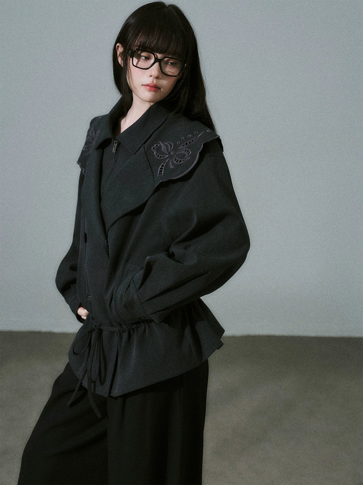 LOST FOREST - Deep Gray Embroidered Collar Lyocell-Wool Jacket