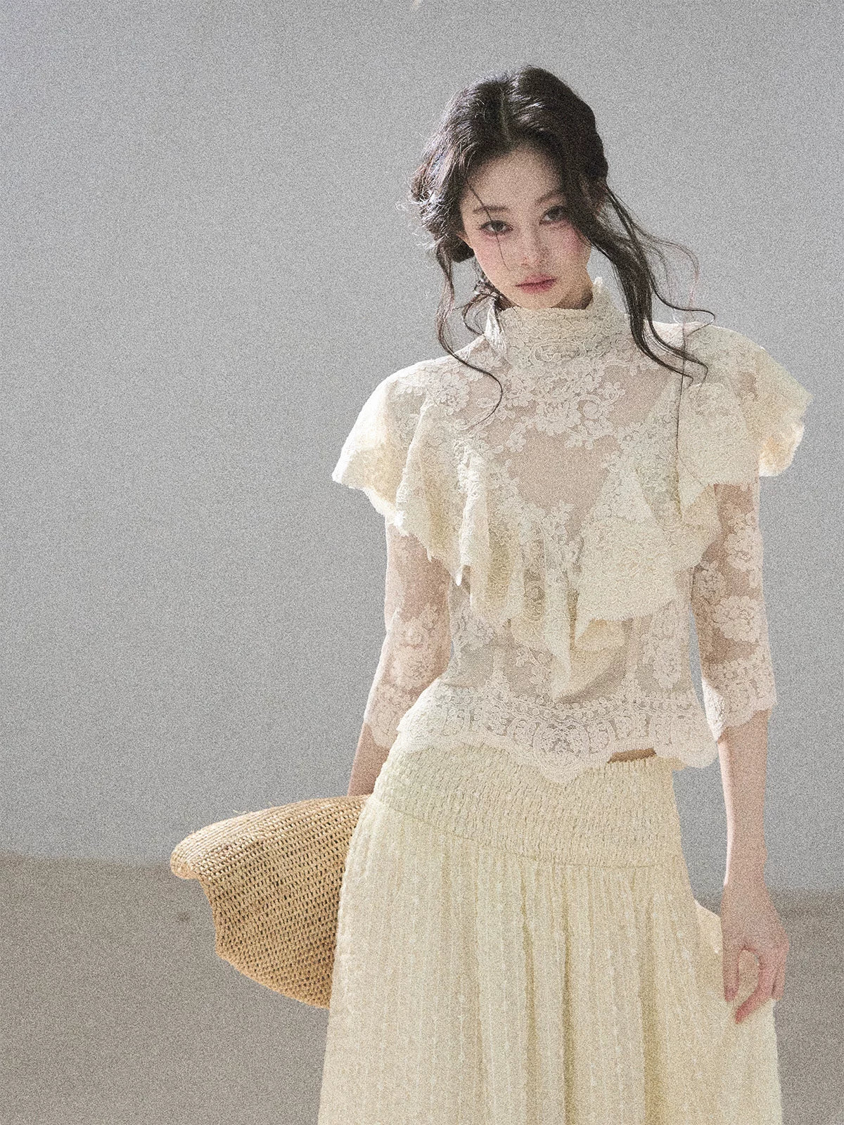 "Translucent Bloom" Dutch Cheese Lace Cropped Top