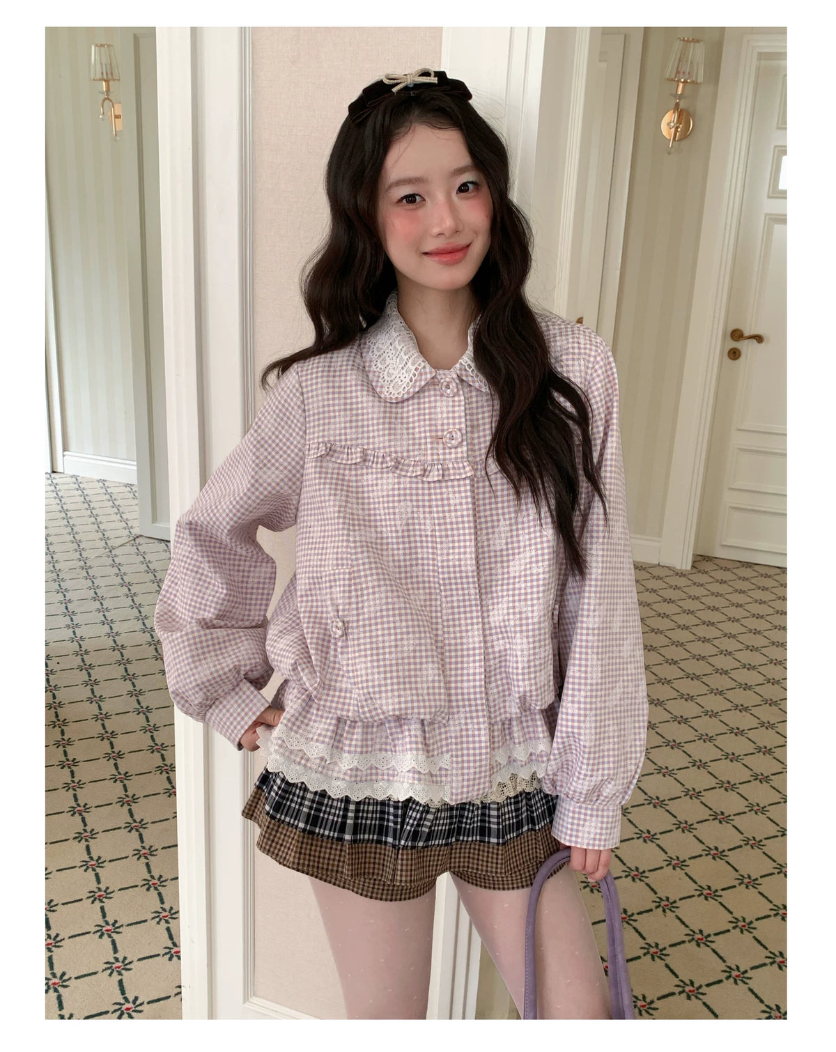 [RF] “Cream Garden Reverie” Light Purple Plaid Ruffle Lace-Trim Jacket