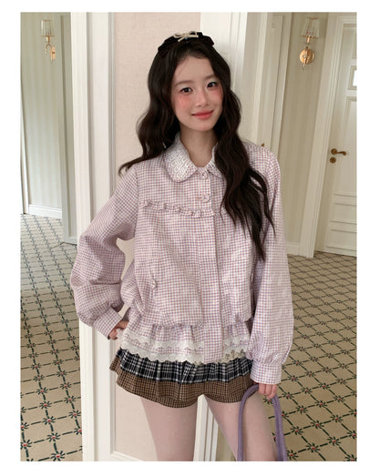 [RF] “Cream Garden Reverie” Light Purple Plaid Ruffle Lace-Trim Jacket