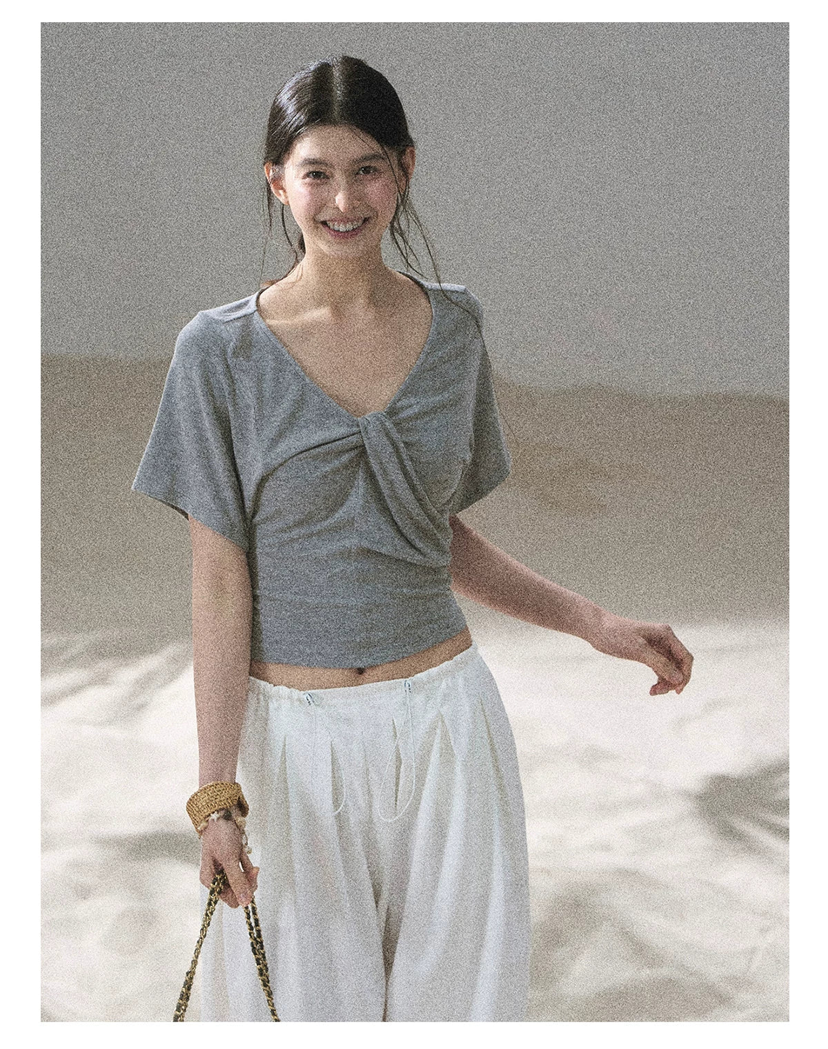 "Moonlight on Water" Twist-Front Cropped T-Shirt (Silver Mink Gray/ Mist Blue)