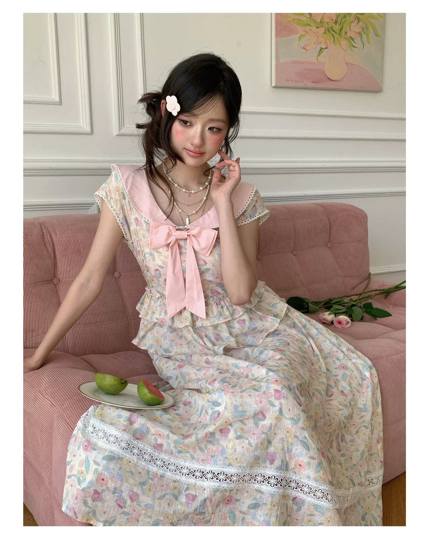 “Peach Blossom Ballad” Pink Floral Lace Maxi Dress