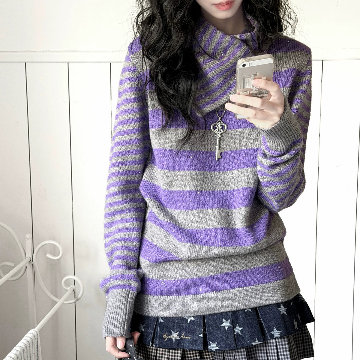 KYOUKO - Purple Gray Striped Knit Top & Denim Blue Polka-Dot Skirt Set