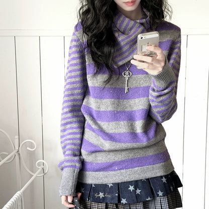 KYOUKO - Purple Gray Striped Knit Top & Denim Blue Polka-Dot Skirt Set