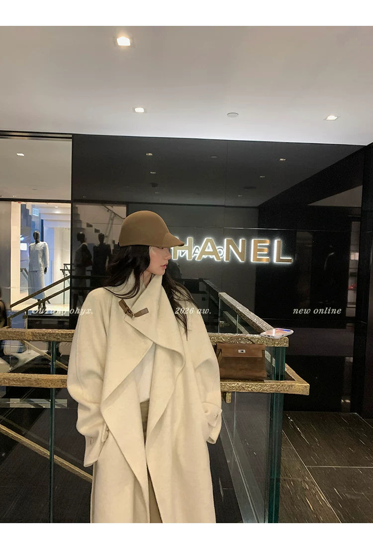 QuQuOuYang - 100% Wool Double-Face Belted Coat with Convertible Collar