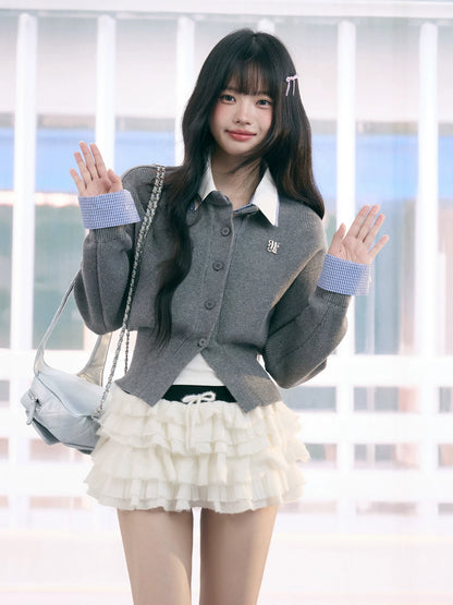 "Campus Arrival" Gray Layered Knit Sweater