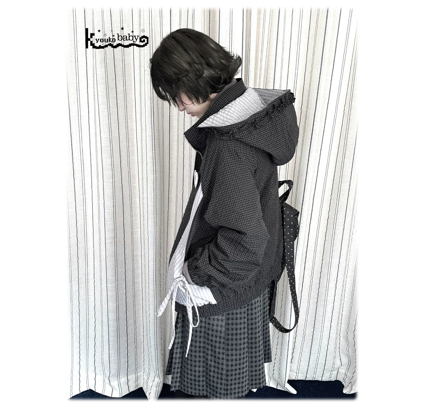 "Cold Air" Black Padded Jacket / Base Layer Top / Polka Dots Skirt / Sweatpants Set