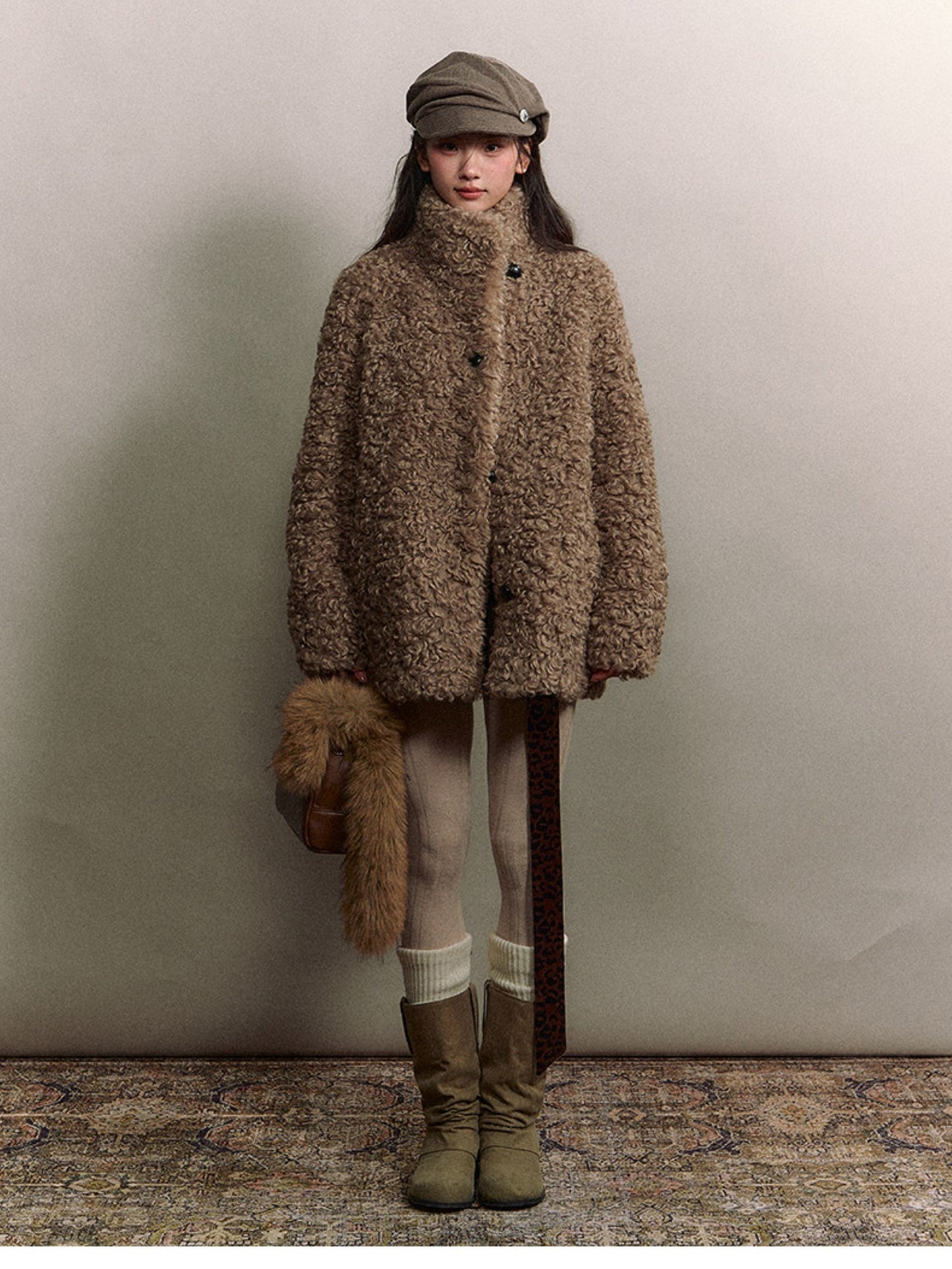Soote Season - Curly Faux Shearling Stand-Collar Fur Jacket