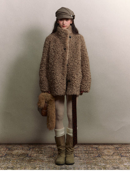 Soote Season - Curly Faux Shearling Stand-Collar Fur Jacket