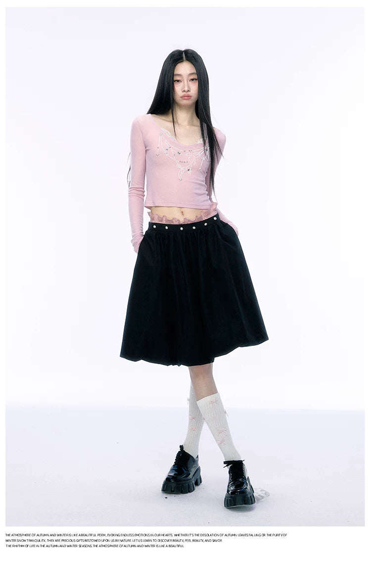JN's DESIGN - Black Bubble Hem Skirt with Pearl Button Detail