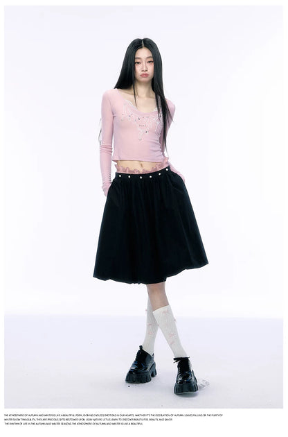 JN's DESIGN - Black Bubble Hem Skirt with Pearl Button Detail