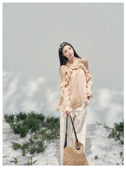 少也眼 “Heidi Heiress” Light Sand Sheer Ruffle Top 142