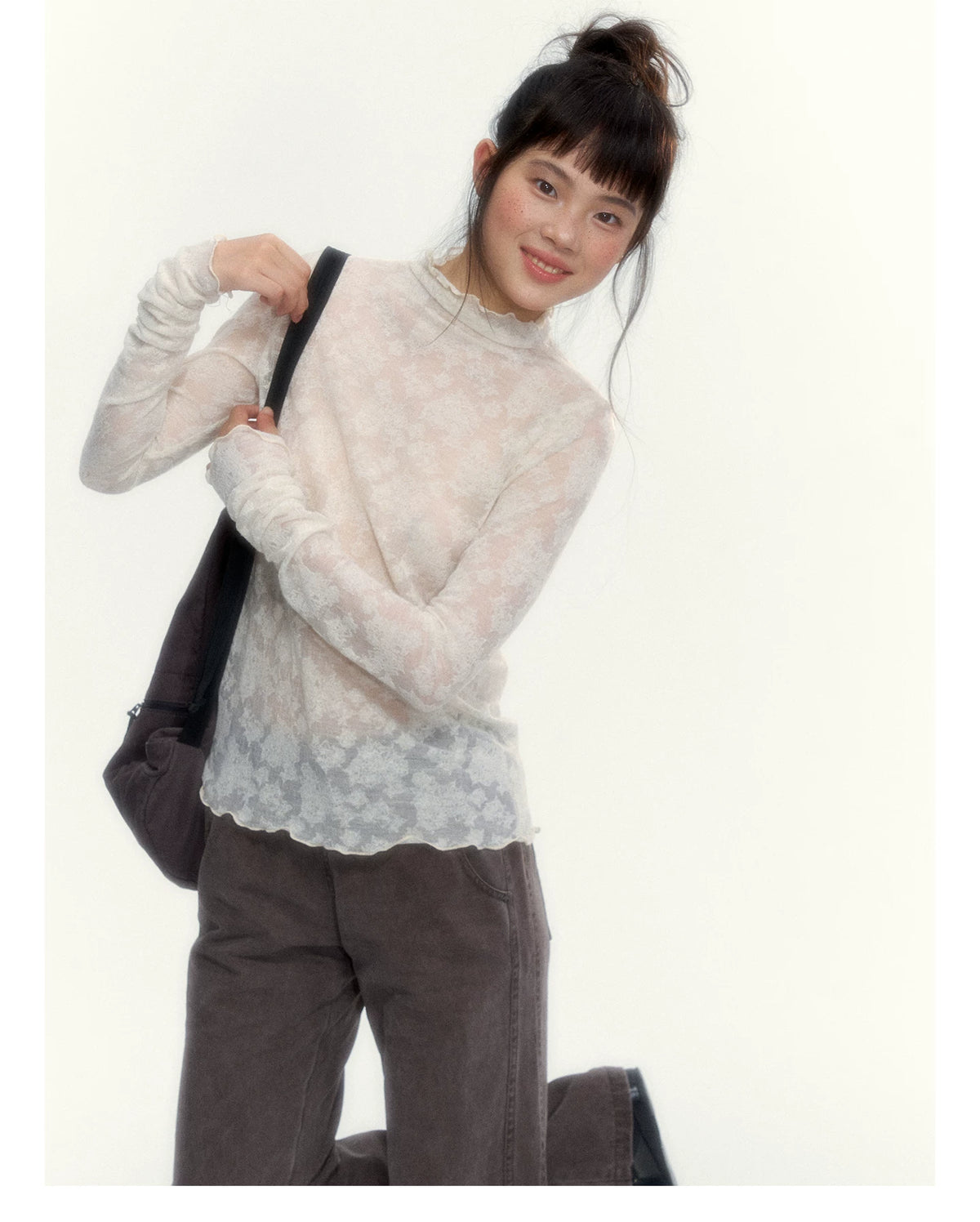 “Everyday Mist” Jacquard Lace Layering Top ( Ivory / Fog Gray )