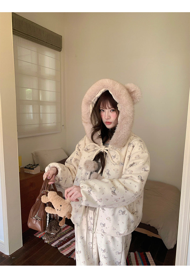 阮阮自制 - Honey Bear Ivory Plush Padded Jacket & Fleece Pants Set