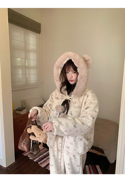 阮阮自制 - Honey Bear Ivory Plush Padded Jacket & Fleece Pants Set