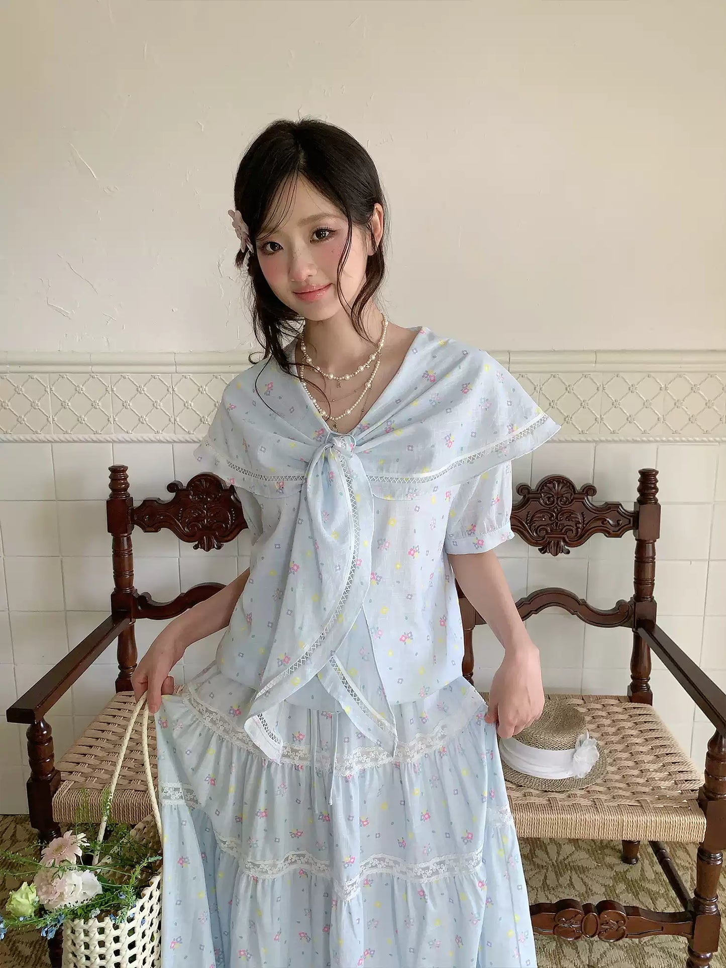 “Blue Blossom Chronicle” Ice Blue Floral Skirt Set