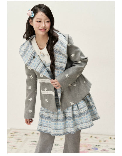[RF] Heather Gray Vintage Jacquard Hooded Jacket with Frost Mist Blue Details