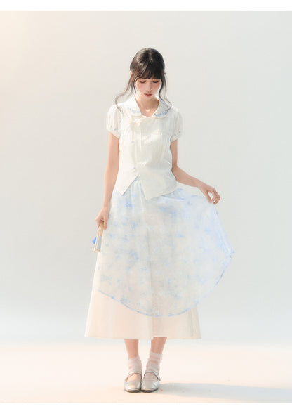[CAN] "Butterfly Whispers" Embroidered Puff Sleeve Skirt Set