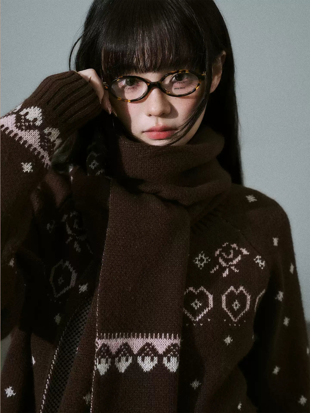 LOST FOREST - Brown Pink Fair Isle Wool-Blend Cardigan & Scarf Set