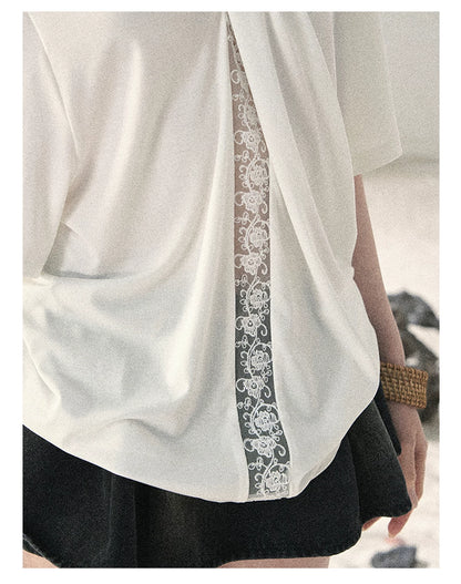 "Undisturbed Mist" Cloud White Lace Cutout V-Neck T-Shirt 45638453