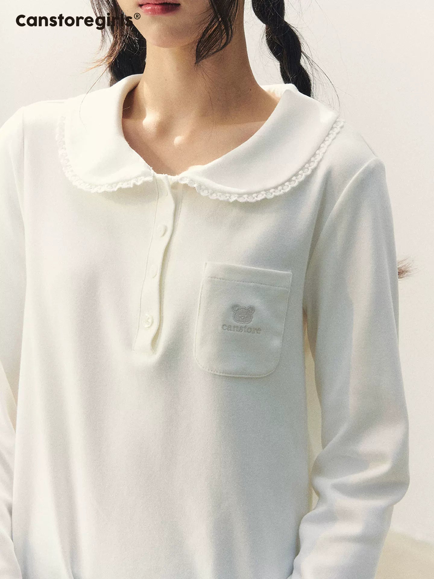 "Lace Bear Diary" Lace Collar Embroidered Knit Polo Top WW2026025