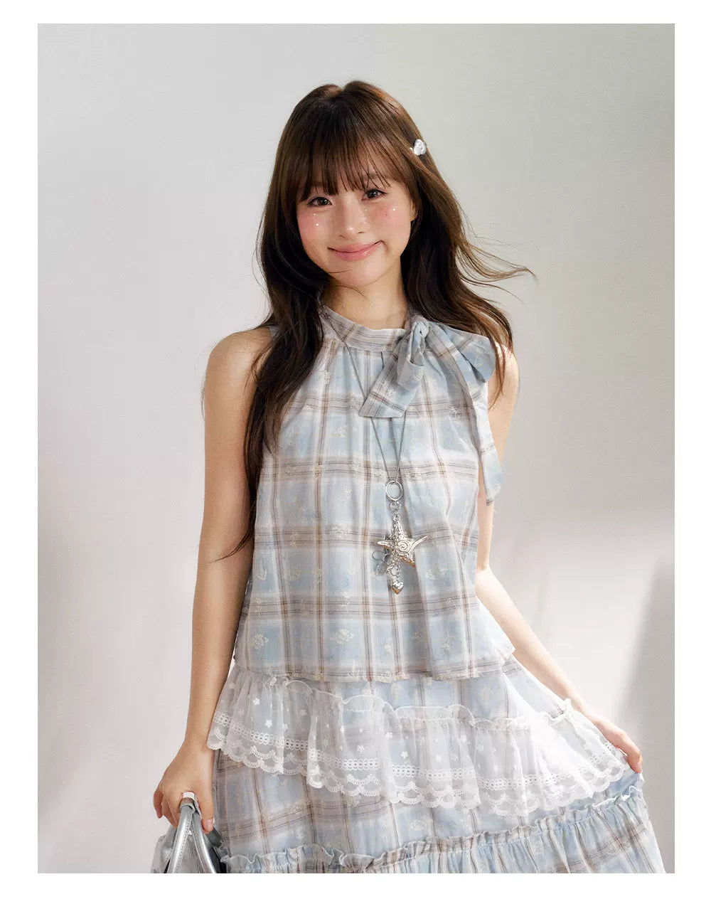 “Berry Fairytale Sonata” Misty Blue Ribbon Neck Lace Dress