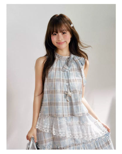 “Berry Fairytale Sonata” Misty Blue Ribbon Neck Lace Dress