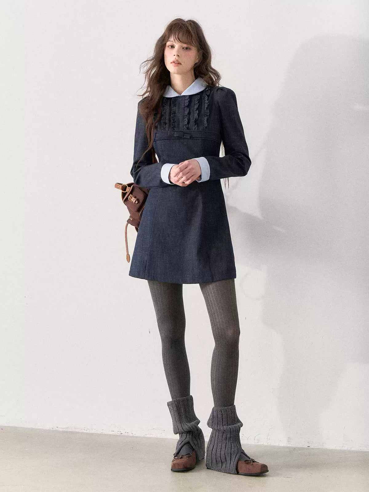 [TMMG] French Vintage Deep Navy Faux Two-Piece Ruffle Dress