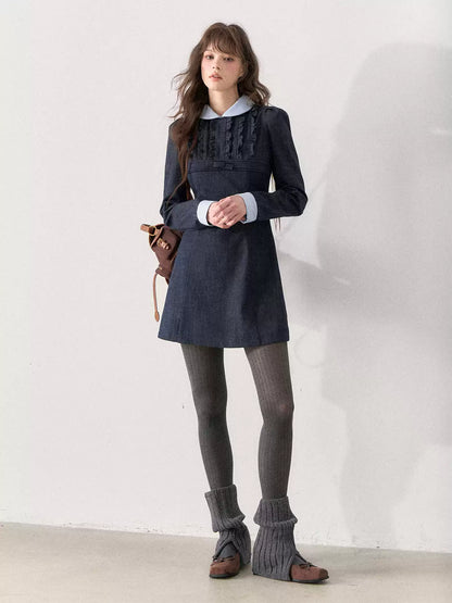 [TMMG] French Vintage Deep Navy Faux Two-Piece Ruffle Dress