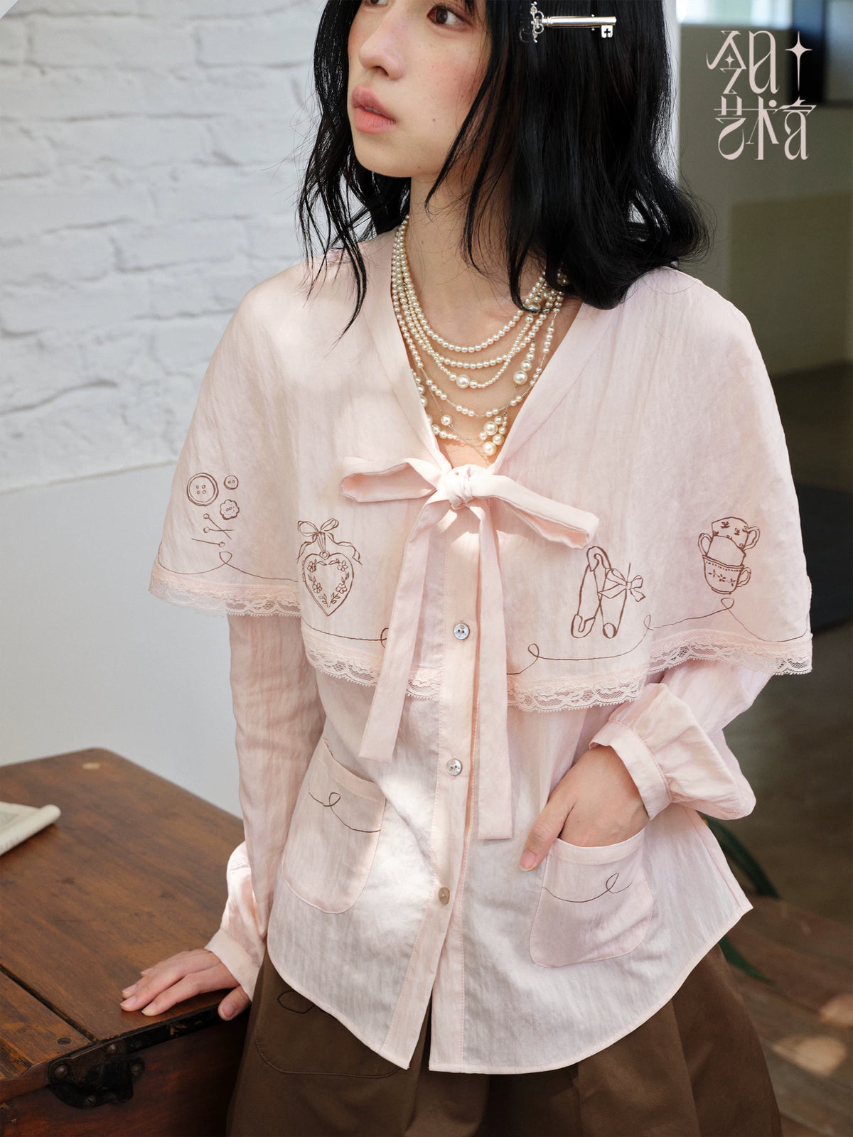 DAILY ARTIST - “Soft Pink Notes” Pink Vintage Tencel Lace Cape Blouse
