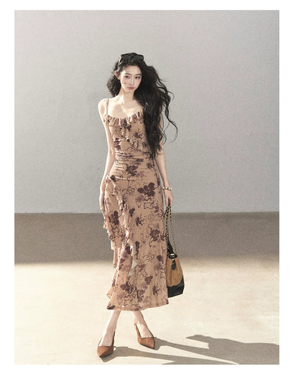 AOMALM - "Wildflower Date" Milk Tea Brown Ruffle Floral Maxi Dress (With Matching Hair Tie)
