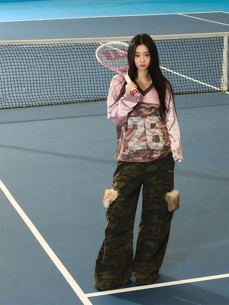JN's DESIGN - Pink & Camo Lace-Trim V-Neck Jersey Top
