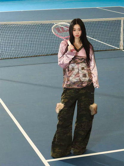 JN's DESIGN - Pink & Camo Lace-Trim V-Neck Jersey Top