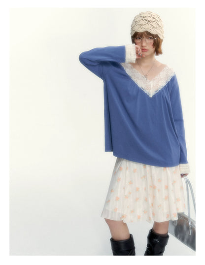 Classic Blue Lace V-Neck Long-Sleeve Top