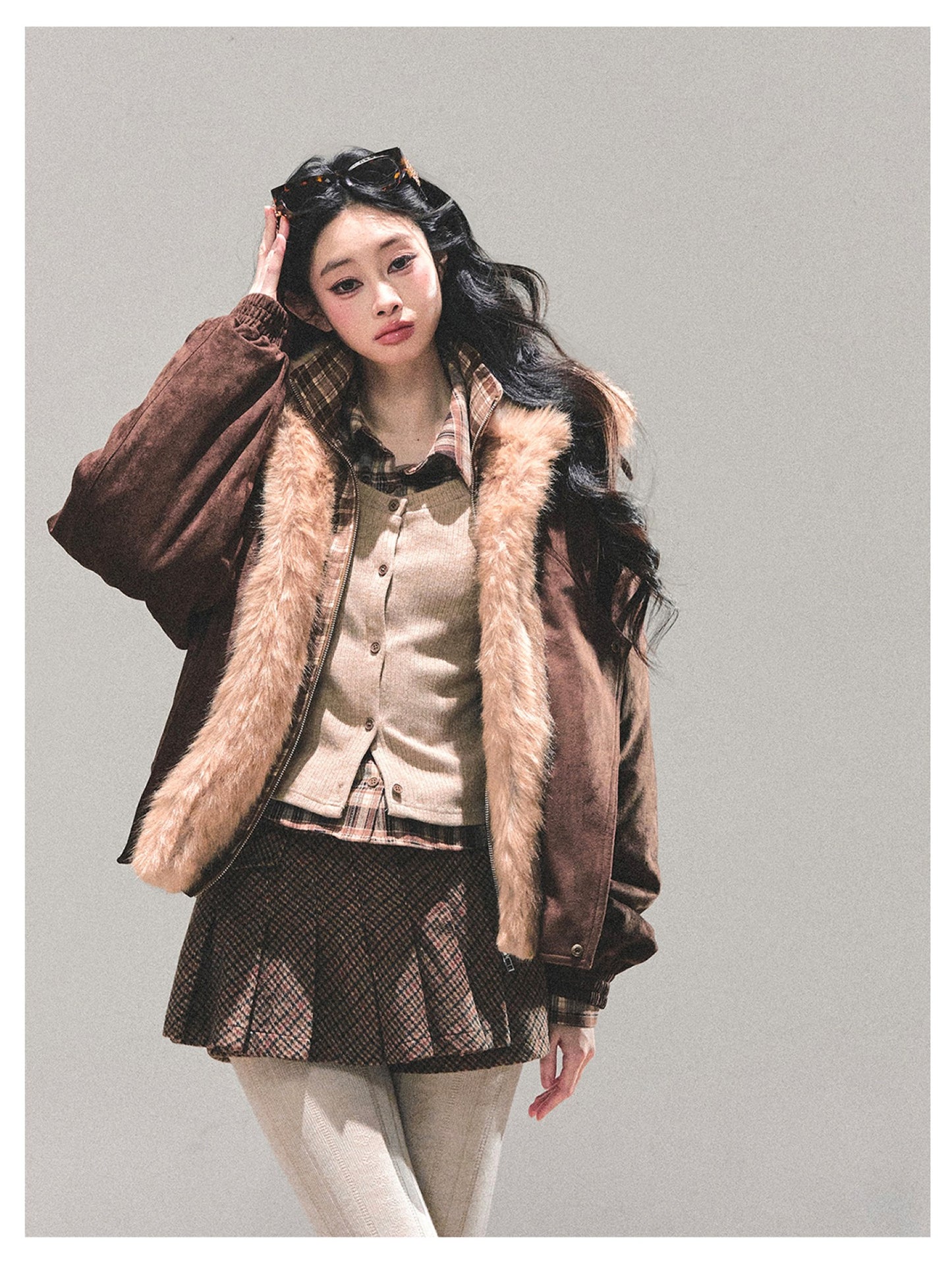 少也眼 "Endless Freedom" Detachable Faux Fur Layered Brown Jacket
