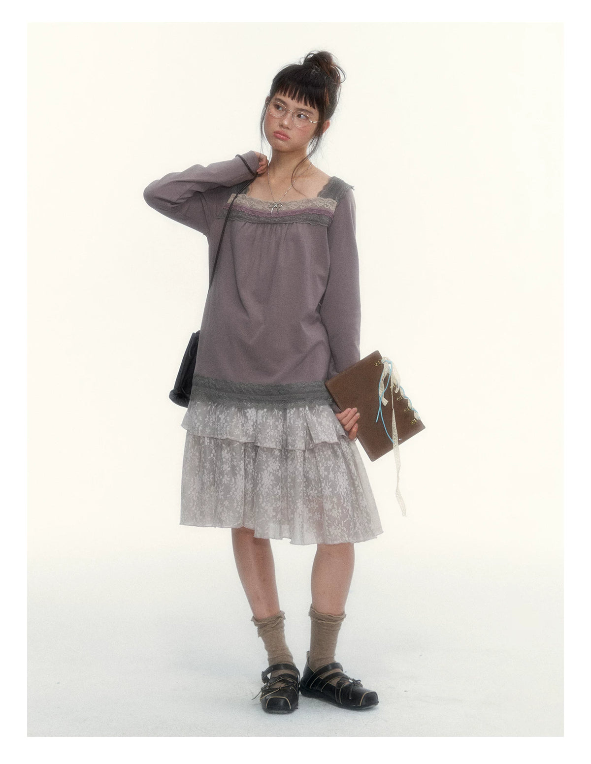 Gray Purple Lace-Trimmed Square-Neck Long-Sleeve T-Shirt
