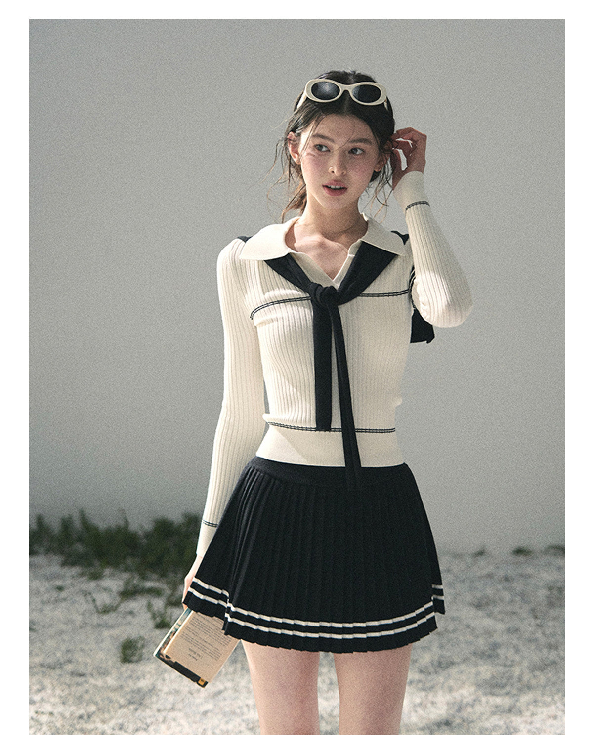 “Delhi Academy” Ivory Polo Knit Set with Midnight Black Scarf