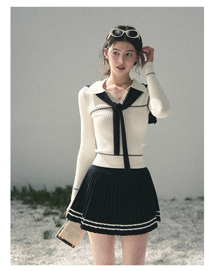 “Delhi Academy” Ivory Polo Knit Set with Midnight Black Scarf