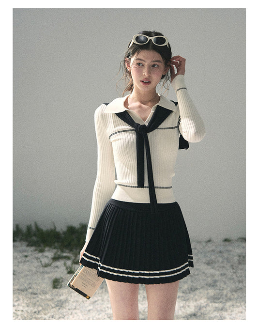 “Delhi Academy” Ivory Polo Knit Set with Midnight Black Scarf