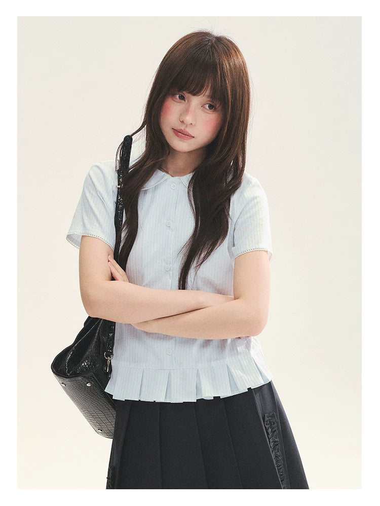 "Citrus Sea Salt" Stripe Lace Peter Pan Collar Pleated Shirt (White Blue / Blue White)