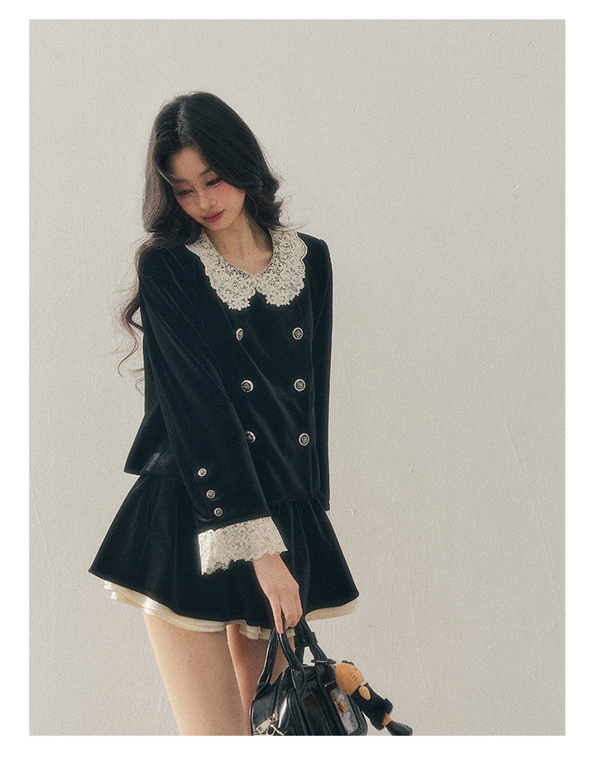 040126 "She Fades into Dusk" Velvet Lace Collar Two-Piece Set