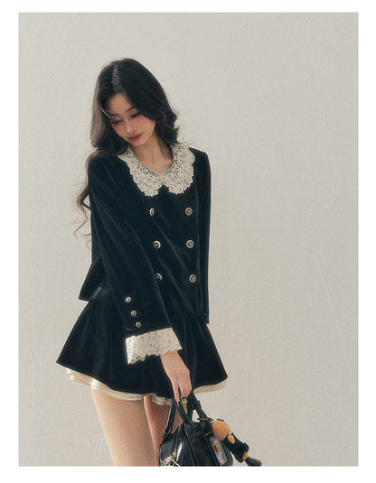 040126 "She Fades into Dusk" Velvet Lace Collar Two-Piece Set