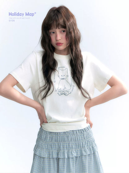 "Garden Kitty" Ivory Embroidered Cat Cotton T-Shirt
