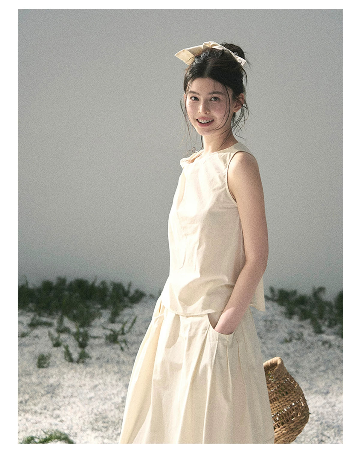 “Ivory Pleated Verse” Soft White Asymmetrical Twist Top & Skirt